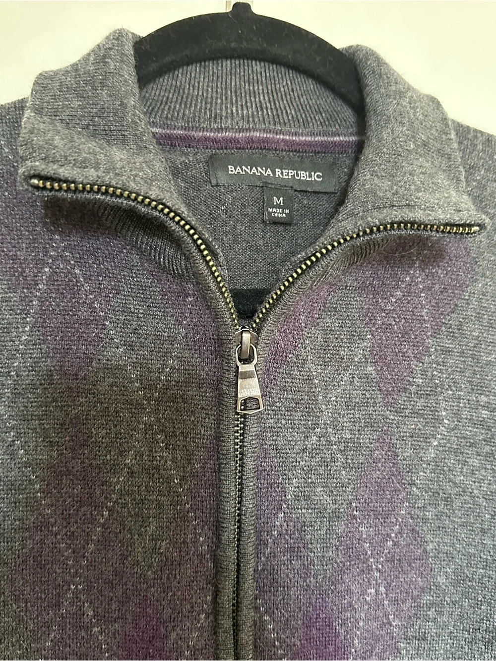 Banana Republic Unisex Wool Full-Zip Argyle Sweater - Charcoal with Purple